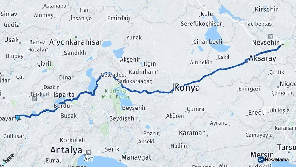Denizli Acıpayam Nevşehir Arası Kaç Km - Yol Haritası