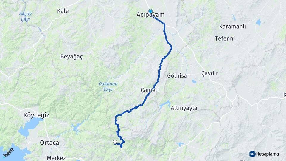 Denizli Acıpayam Nif Fethiye Muğla Arası Kaç Km - Yol Haritası