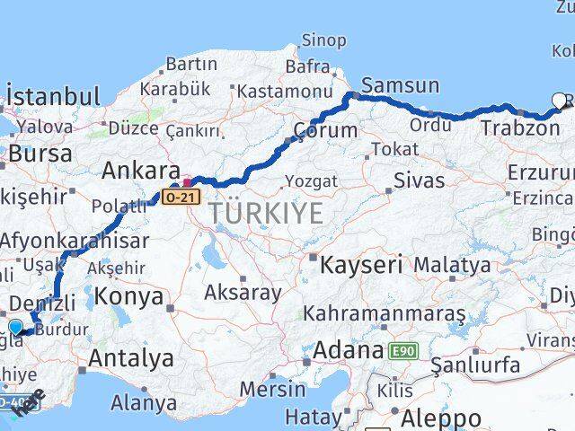 Denizli Acıpayam Rize Arası Kaç Km - Yol Haritası