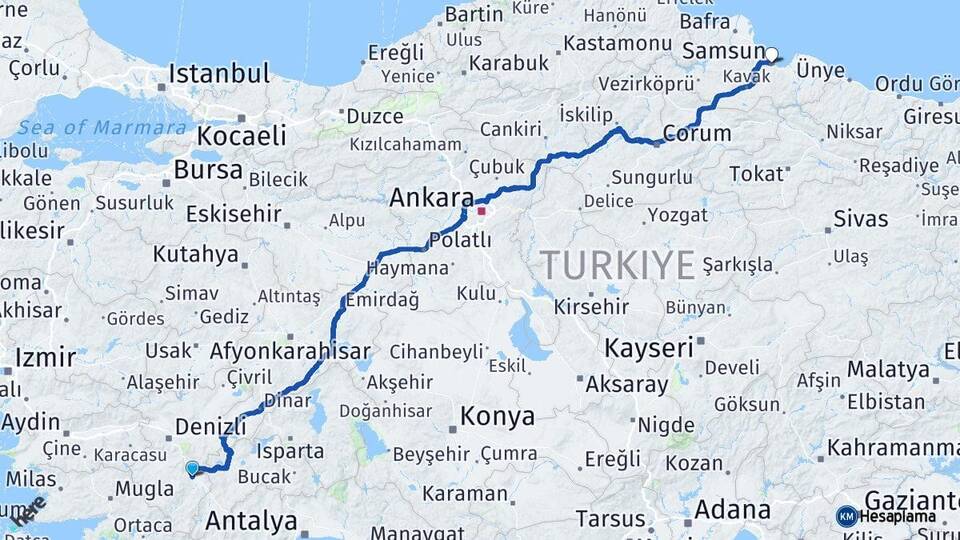 Denizli Acıpayam Samsun Arası Kaç Km - Yol Haritası