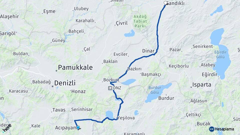 Denizli Acıpayam Sandıklı Afyonkarahisar Arası Kaç Km - Yol Haritası
