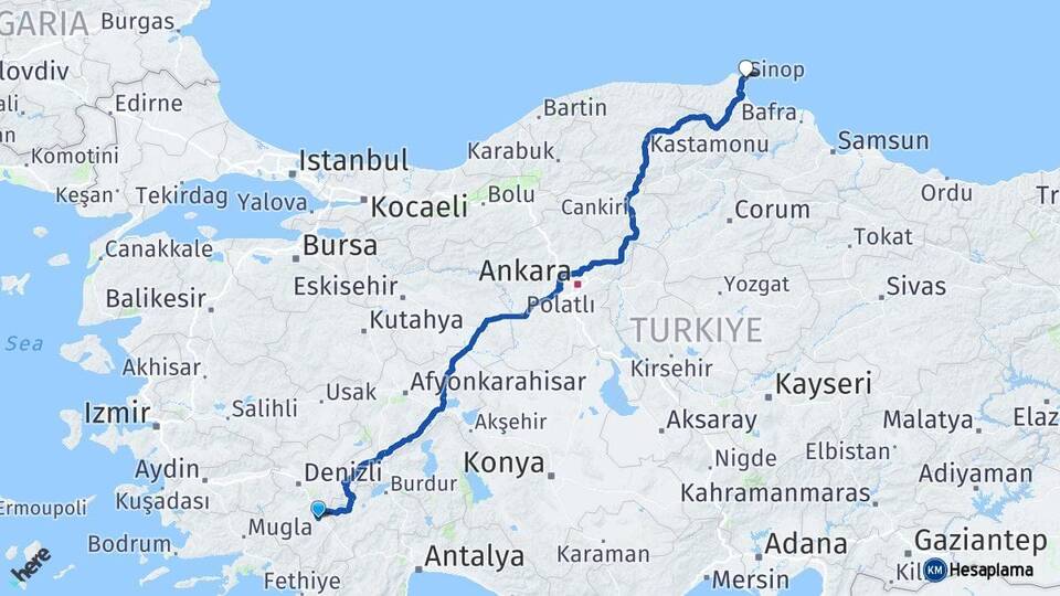 Denizli Acıpayam Sinop Arası Kaç Km - Yol Haritası
