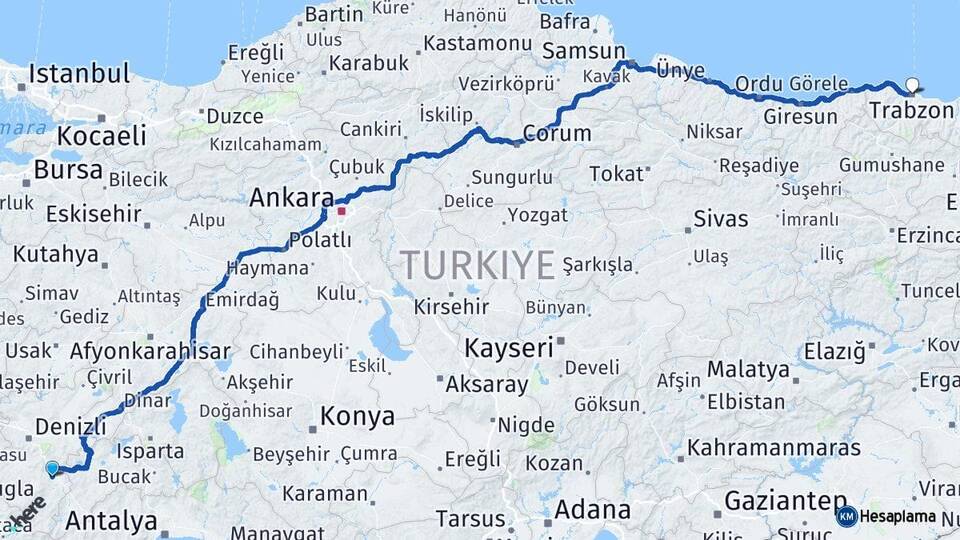 Denizli Acıpayam Trabzon Arası Kaç Km - Yol Haritası