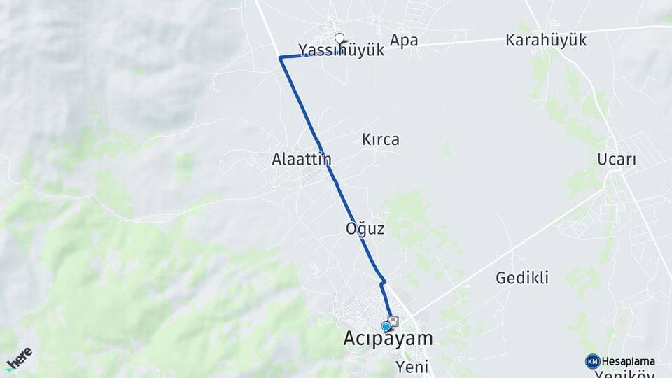Denizli Acıpayam Yassıhüyük Acıpayam Arası Kaç Km - Yol Haritası