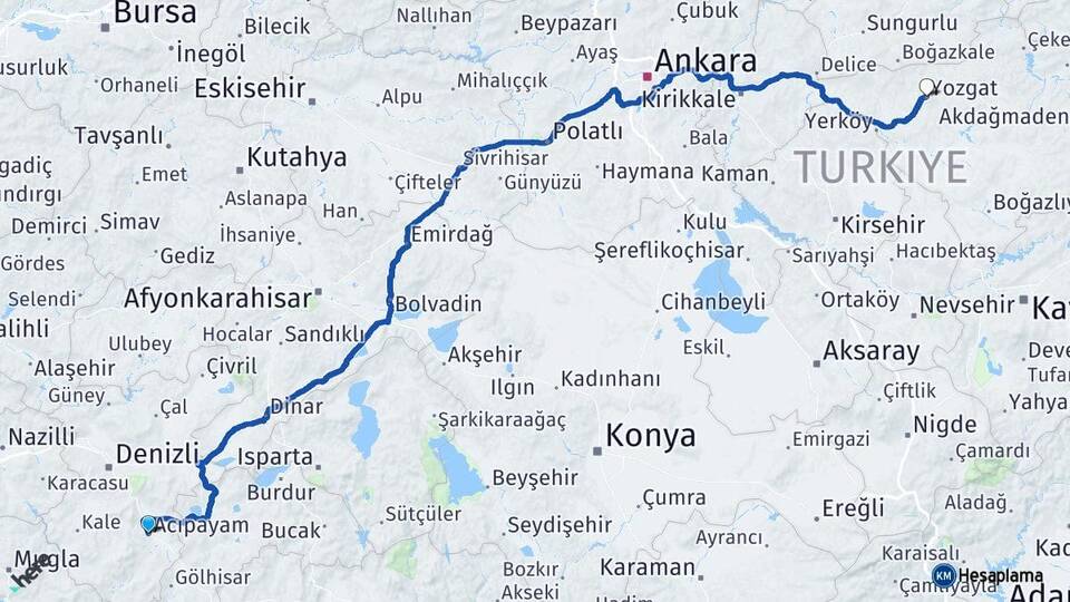 Denizli Acıpayam Yozgat Arası Kaç Km - Yol Haritası