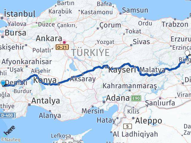 Denizli Adaklı Bingöl Arası Kaç Km - Yol Haritası