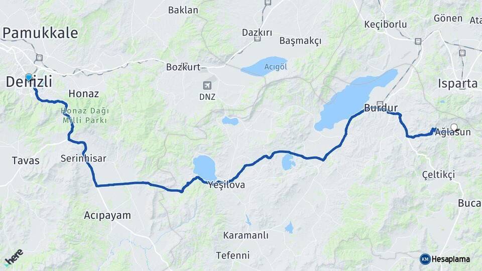 Denizli Ağlasun Burdur Arası Kaç Km - Yol Haritası
