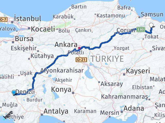 Denizli Akkuş Ordu Arası Kaç Km - Yol Haritası