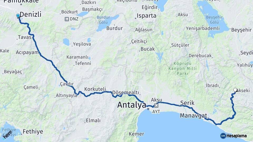 Denizli Akseki Antalya Arası Kaç Km - Yol Haritası