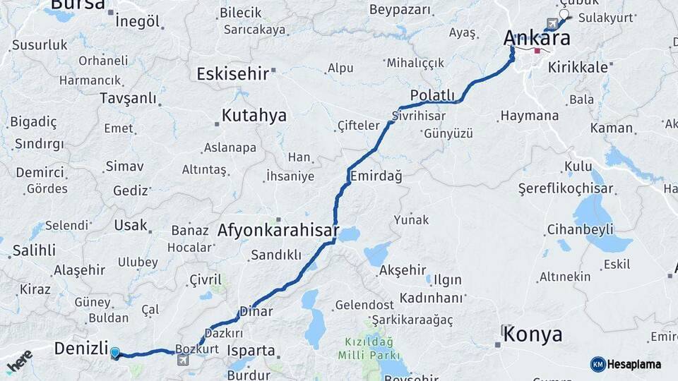 Denizli Akyurt Ankara Arası Kaç Km - Yol Haritası