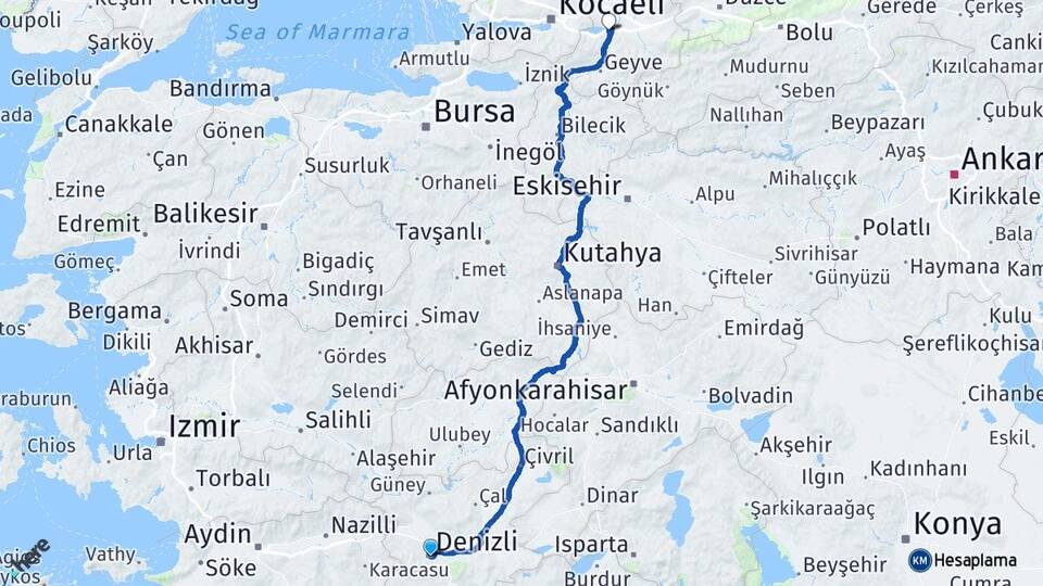 Denizli Arifiye Sakarya Arası Kaç Km - Yol Haritası
