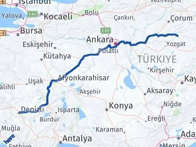 Denizli Aydıncık Yozgat Arası Kaç Km - Yol Haritası
