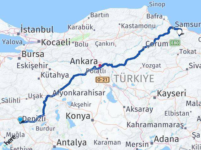 Denizli Ayvacık Samsun Arası Kaç Km - Yol Haritası