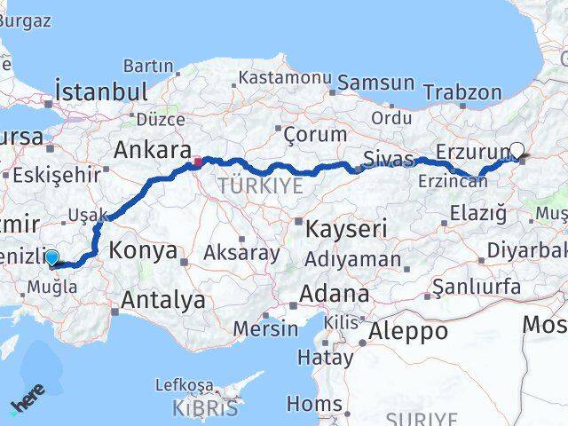Denizli Aziziye Erzurum Arası Kaç Km - Yol Haritası