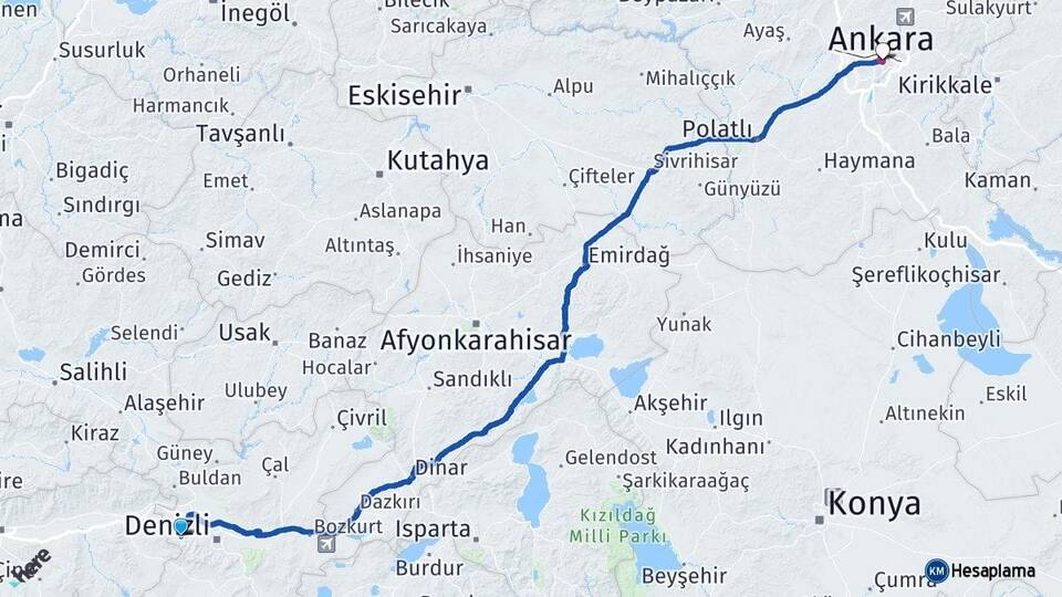 Denizli Babadağ Ankara Arası Kaç Km - Yol Haritası
