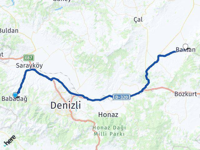 Denizli Babadağ Baklan Arası Kaç Km - Yol Haritası