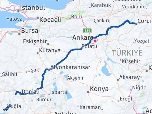 Denizli Babadağ Çorum Arası Kaç Km - Yol Haritası