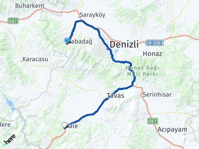 Denizli Babadağ Kale Arası Kaç Km - Yol Haritası