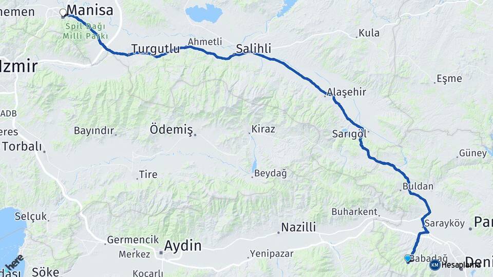 Denizli Babadağ Manisa Arası Kaç Km - Yol Haritası