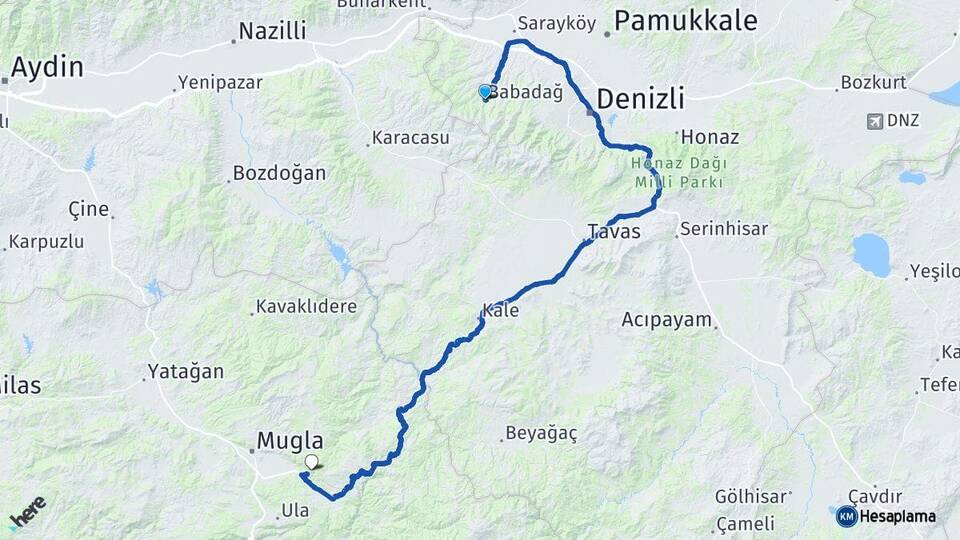 Denizli Babadağ Muğla Arası Kaç Km - Yol Haritası