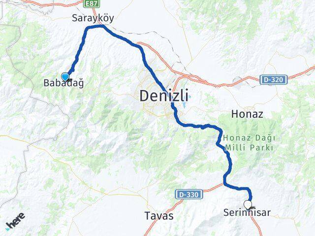 Denizli Babadağ Serinhisar Arası Kaç Km - Yol Haritası