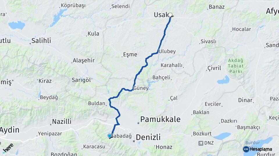 Denizli Babadağ Uşak Arası Kaç Km - Yol Haritası