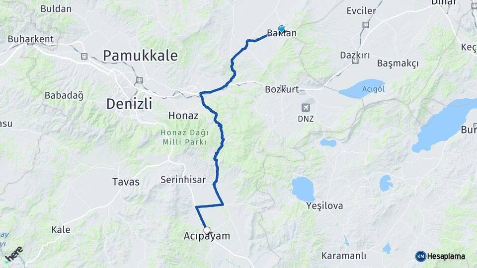 Denizli Baklan Acıpayam Arası Kaç Km - Yol Haritası