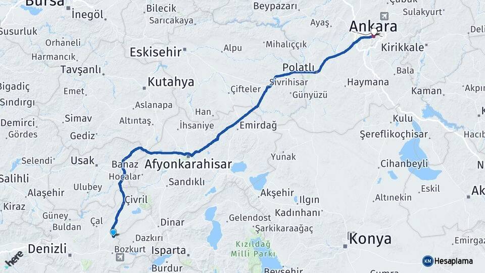 Denizli Baklan Ankara Arası Kaç Km - Yol Haritası