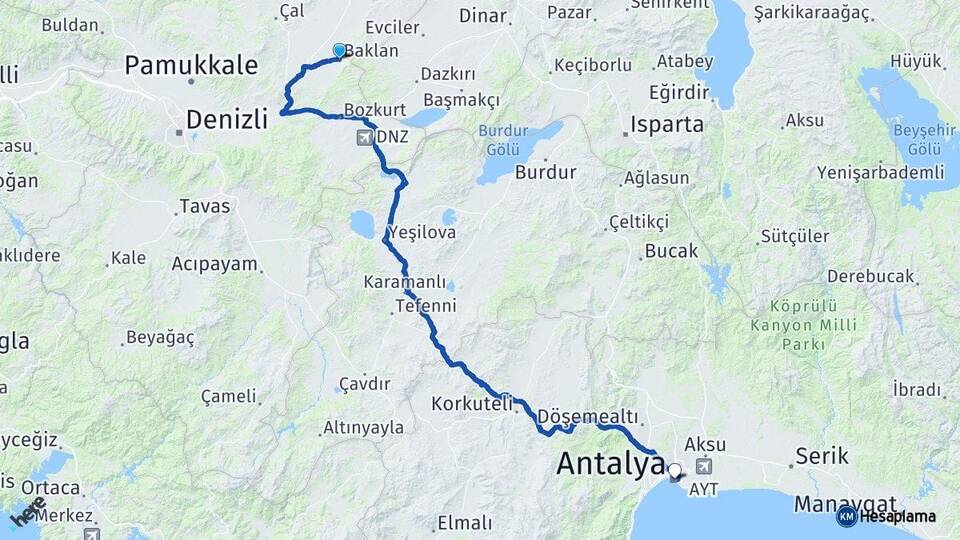 Denizli Baklan Antalya Arası Kaç Km - Yol Haritası