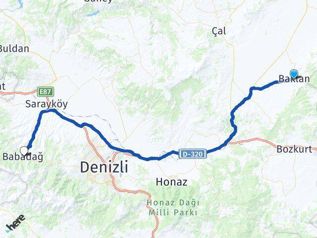 Denizli Baklan Babadağ Arası Kaç Km - Yol Haritası