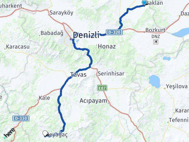Denizli Baklan Beyağaç Arası Kaç Km - Yol Haritası
