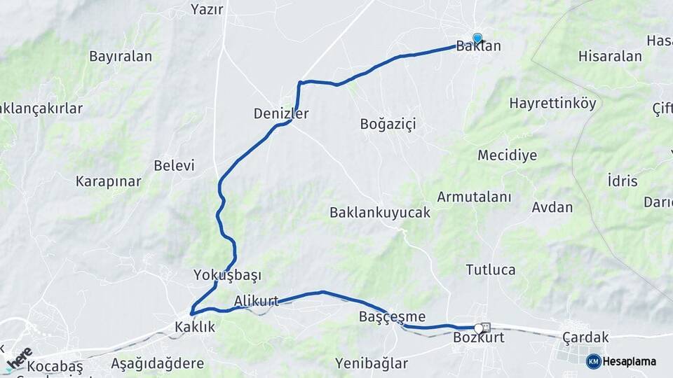 Denizli Baklan Bozkurt Arası Kaç Km - Yol Haritası