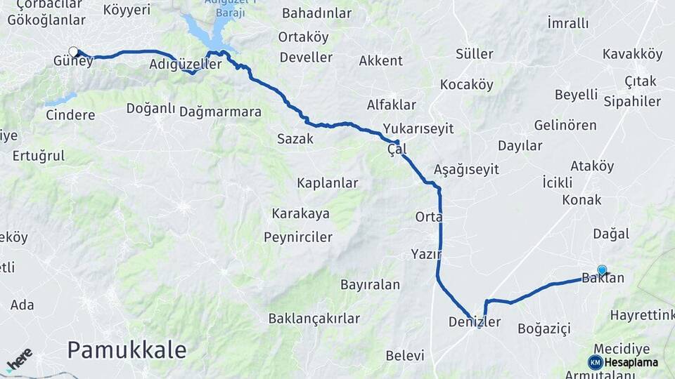Denizli Baklan Güney Arası Kaç Km - Yol Haritası