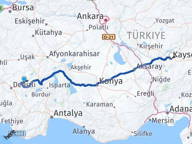 Denizli Baklan Kayseri Arası Kaç Km - Yol Haritası