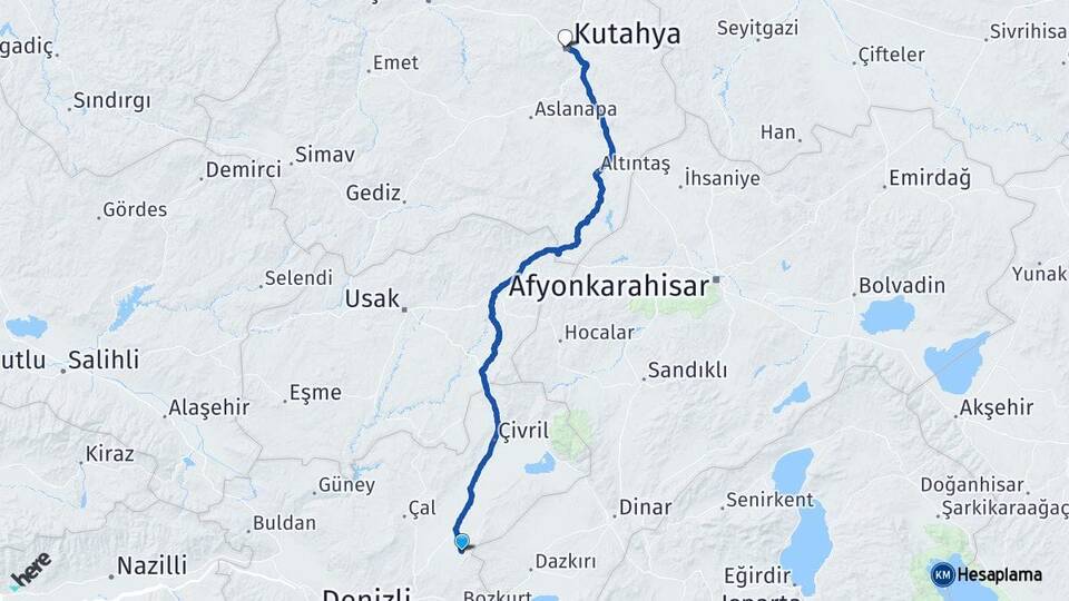 Denizli Baklan Kütahya Arası Kaç Km - Yol Haritası