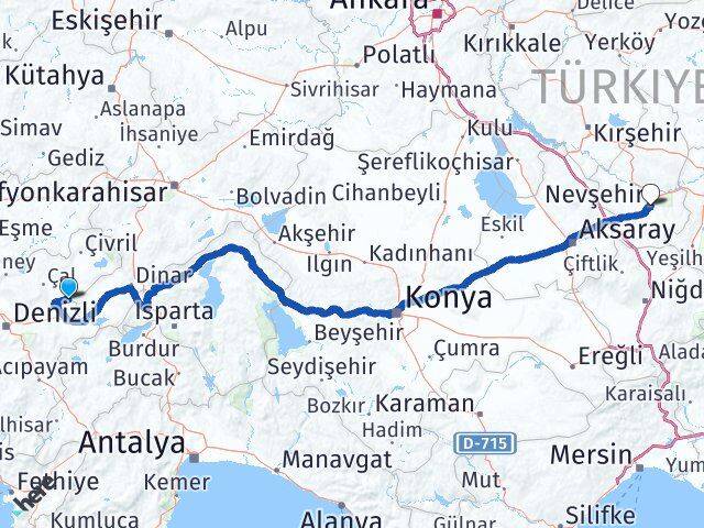 Denizli Baklan Nevşehir Arası Kaç Km - Yol Haritası