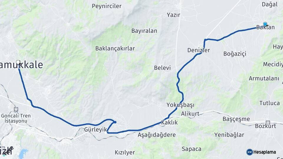 Denizli Baklan Pamukkale Arası Kaç Km - Yol Haritası