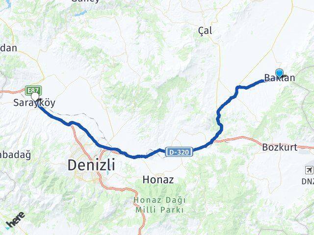 Denizli Baklan Sarayköy Arası Kaç Km - Yol Haritası