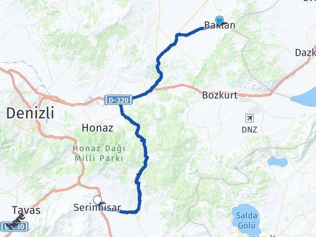 Denizli Baklan Serinhisar Arası Kaç Km - Yol Haritası