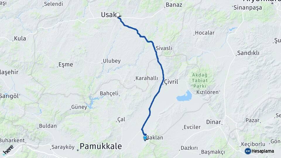Denizli Baklan Uşak Arası Kaç Km - Yol Haritası