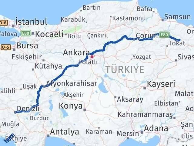 Denizli Başçiftlik Tokat Arası Kaç Km - Yol Haritası
