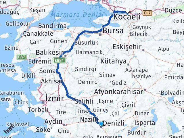Denizli Başiskele Kocaeli Arası Kaç Km - Yol Haritası