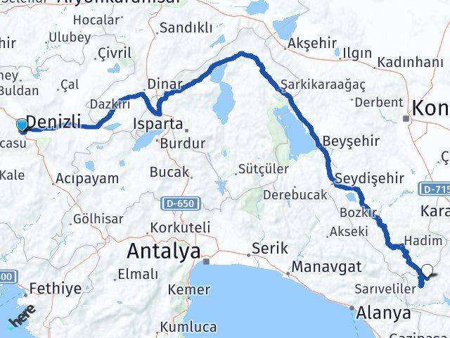 Denizli Başyayla Karaman Arası Kaç Km - Yol Haritası