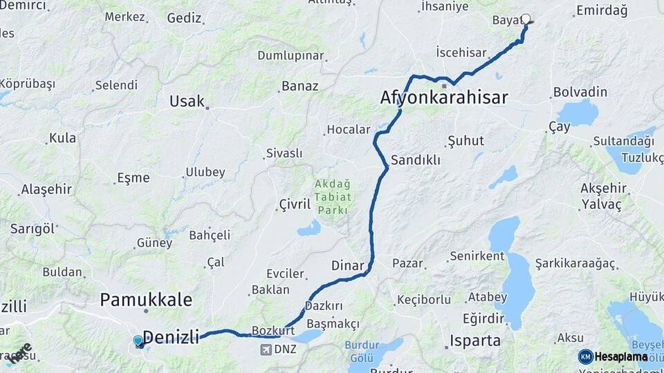 Denizli Bayat Afyonkarahisar Arası Kaç Km - Yol Haritası