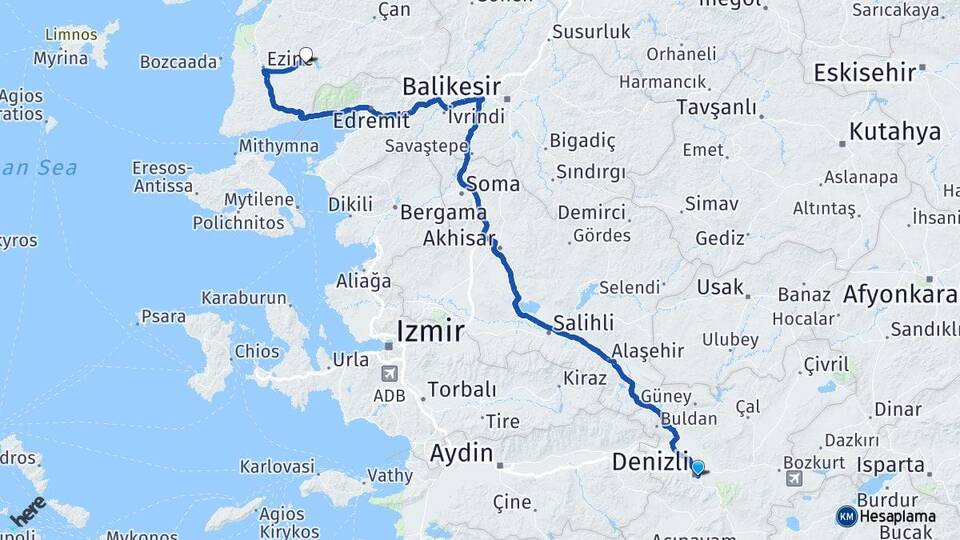 Denizli Bayramiç Çanakkale Arası Kaç Km - Yol Haritası