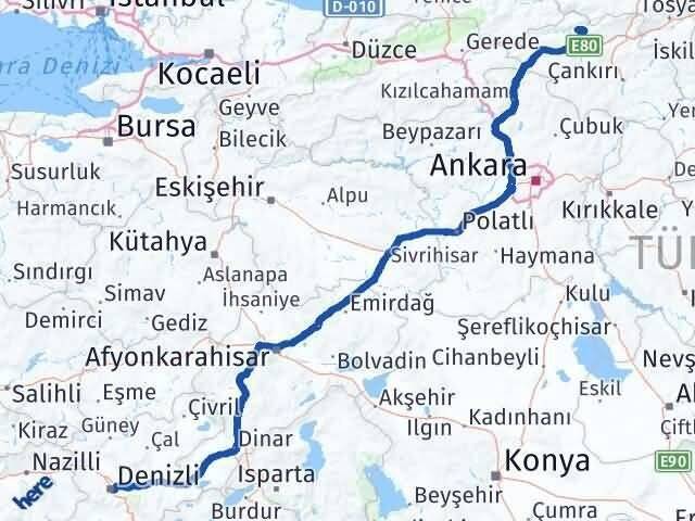 Denizli Bayramören Çankırı Arası Kaç Km - Yol Haritası