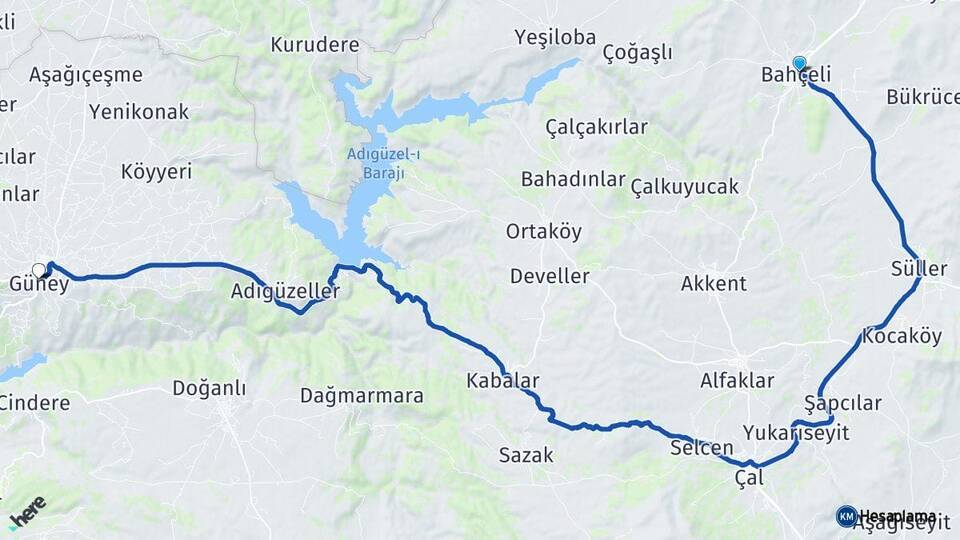 Denizli Bekilli Güney Arası Kaç Km - Yol Haritası