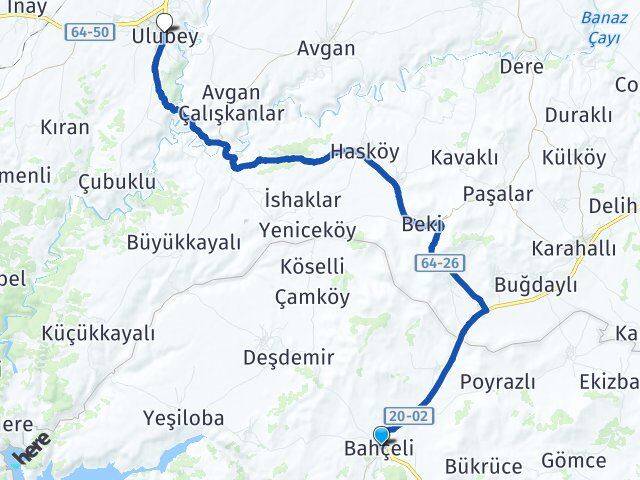Denizli Bekilli Ulubey Uşak Arası Kaç Km - Yol Haritası