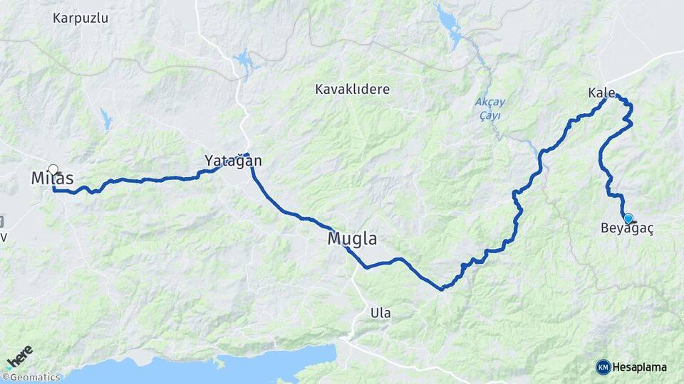 Denizli Beyağaç Milas Muğla Arası Kaç Km - Yol Haritası
