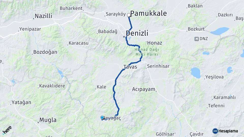 Denizli Beyağaç Pamukkale Arası Kaç Km - Yol Haritası